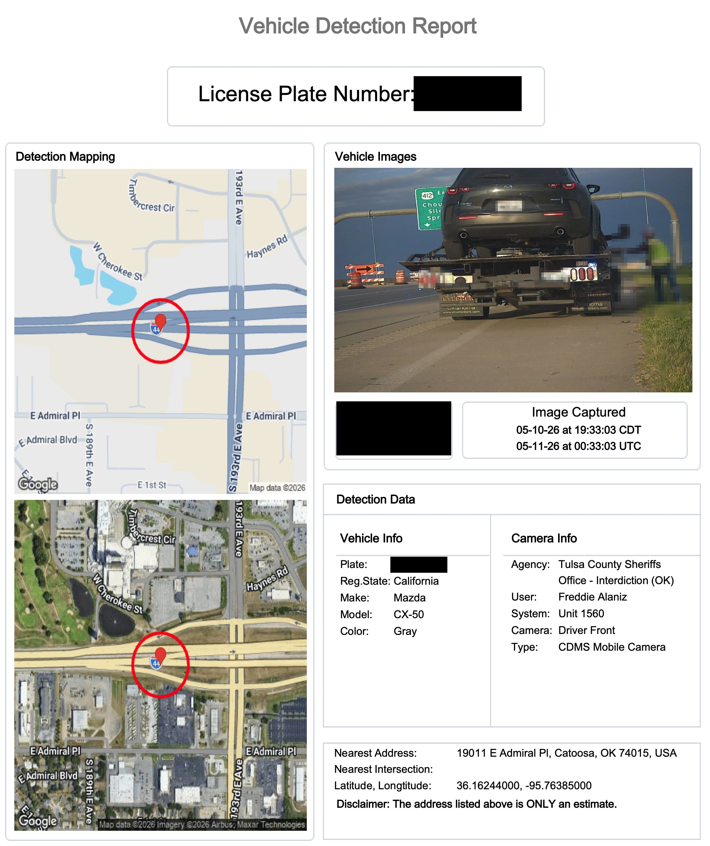 Отчет о обнаружении транспортного средства, составленный компанией Vigilant VehicleManager и представленный в деле «Соединенные Штаты против Кайла», содержащий карту, фотографию автомобиля на эвакуаторе и данные с камеры, с замазанным номерным знаком